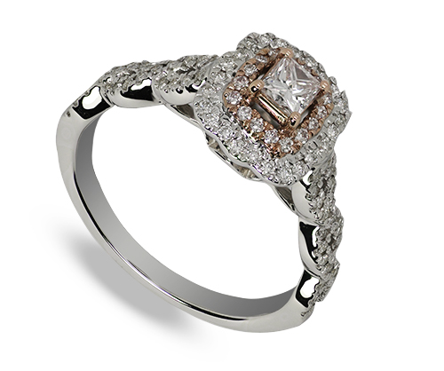 Nine carat  white and rose gold diamond cluster ring with princess cut centre