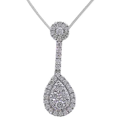 18 carat white gold pear shape diamond pendant and chain
