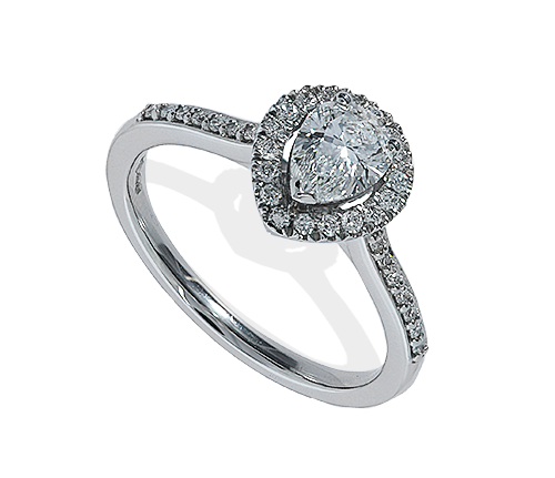 Platinum pear diamond halo cluster ring
