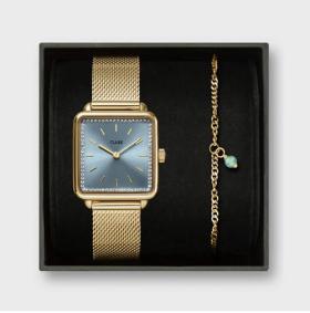 Cluse Gift Box La Tétragone Mesh Watch & Chain Bracelet, Gold Colour