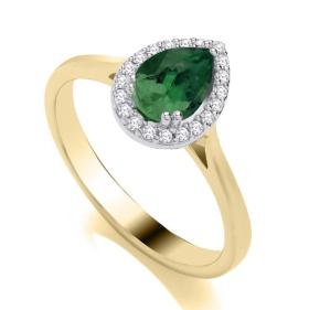 9ct Yellow Gold Pear Shaped Emerald and Diamond Halo Ring