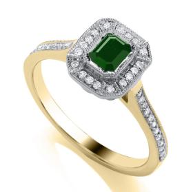 9ct Yellow Gold Octagon cut Emerald and Diamond Halo Ring