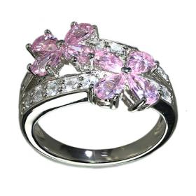 925 Solid Sterling Silver Pink Flower Cubic Zirconia Dress/Cocktail Ring