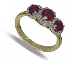 Nine carat yellow and white gold ring with three culsters of rubies and diamonds