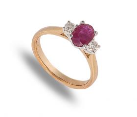 9 carat yellow and white gold ring set with 2 diamonds and 1 ruby