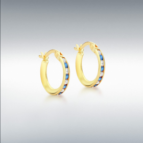 Nine Carat Yellow Gold Blue and White Cz Hoops