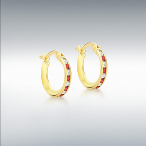 Nine Carat Yellow Gold Red and White Cz Hoops