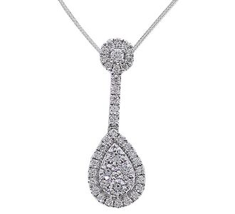 18 carat white gold pear shape diamond pendant and chain